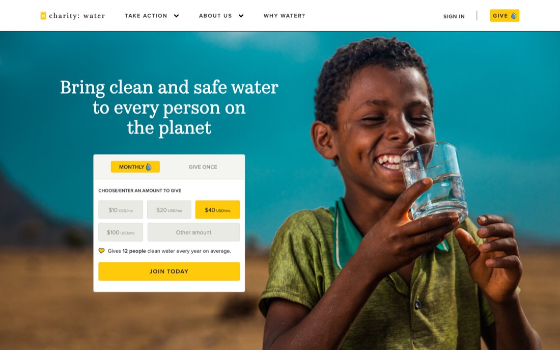 Homepage of charity: water